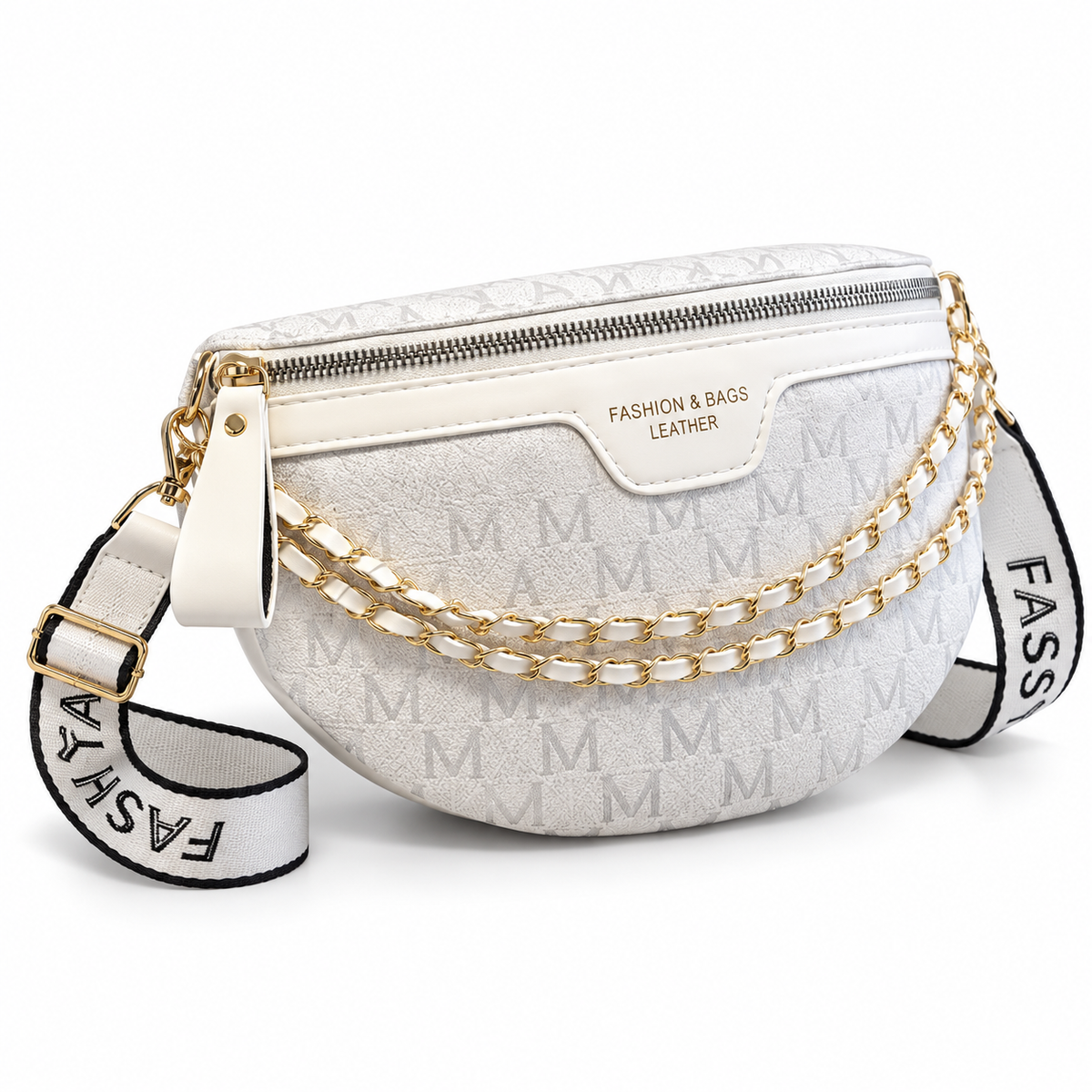 White Monogram Crossbody Bag With Chains-2