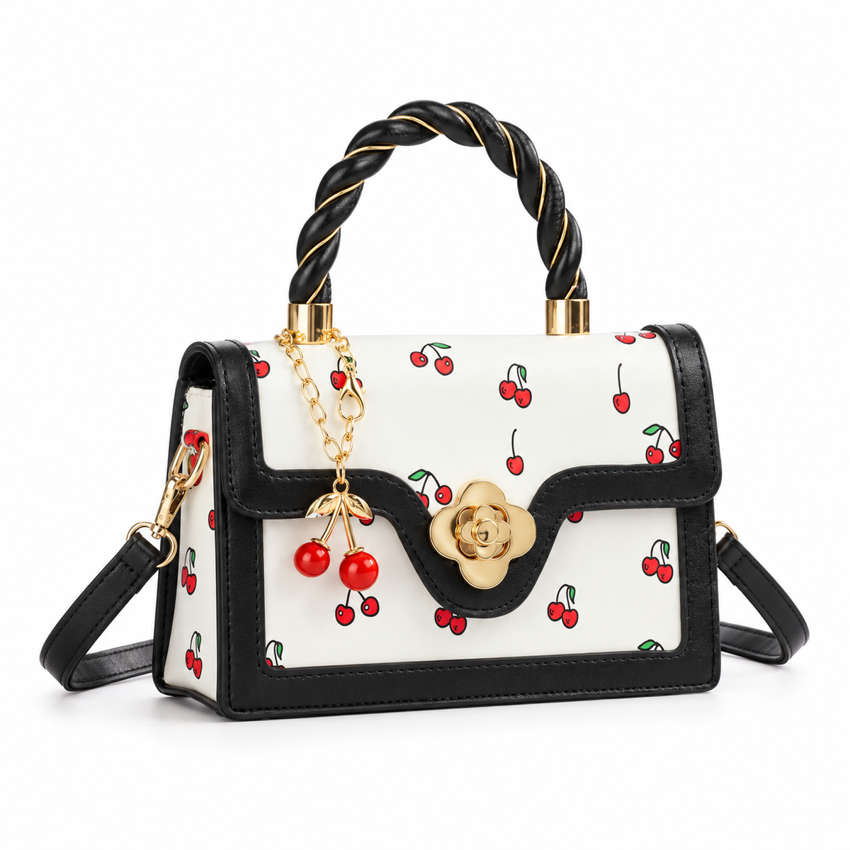 Cherry Print Twisted Handle Crossbody Bag