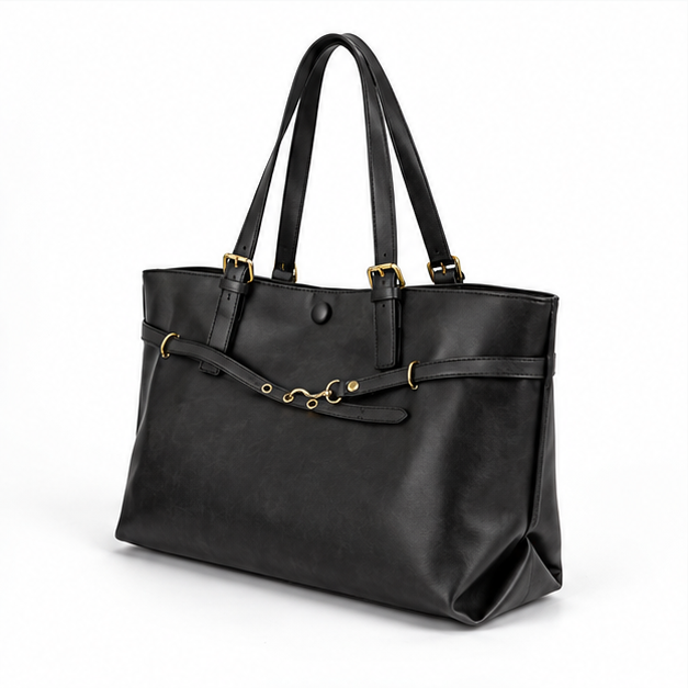 Elegant Black Buckle Detail Tote Bag-3