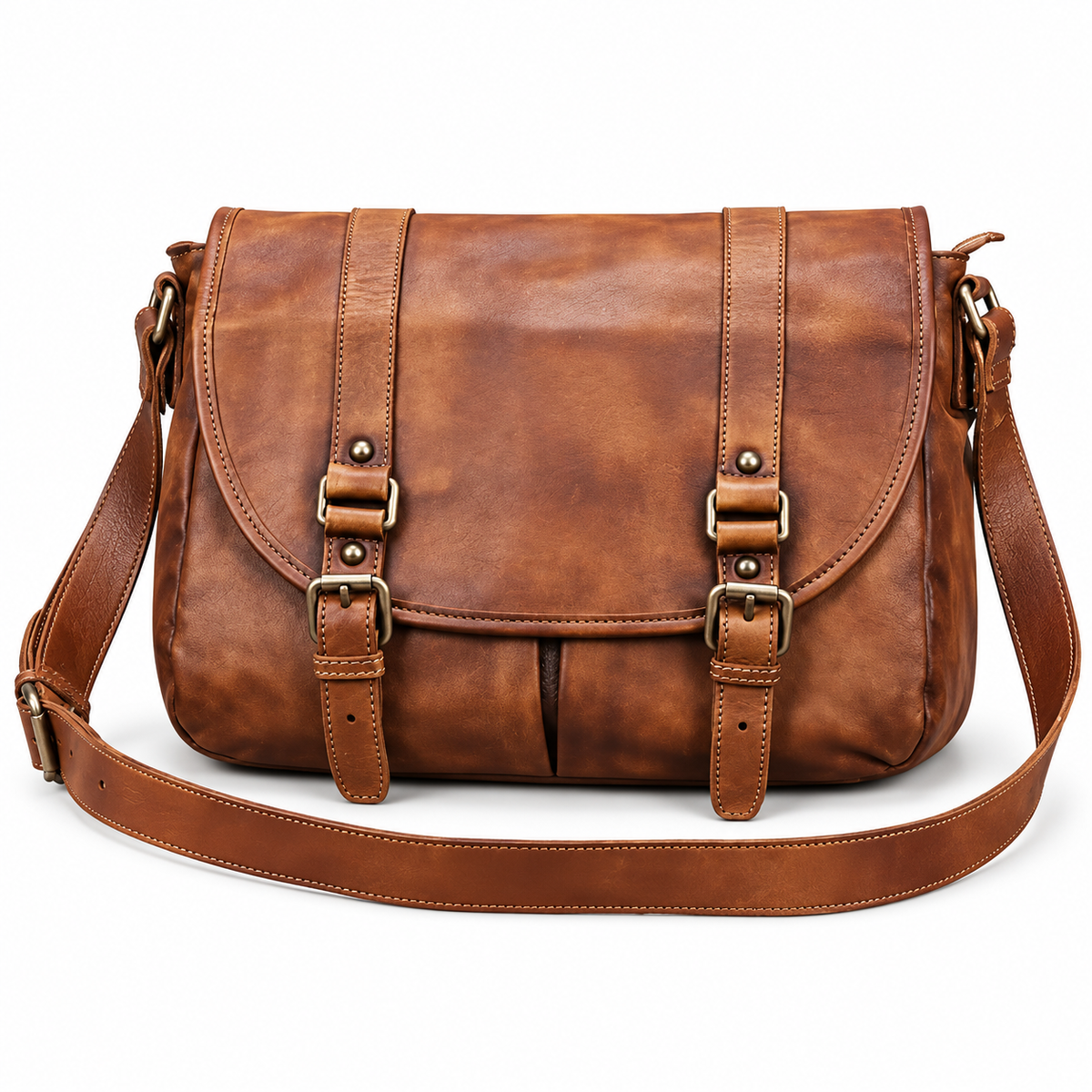 Vintage Brown Leather Double Buckle Satchel-4