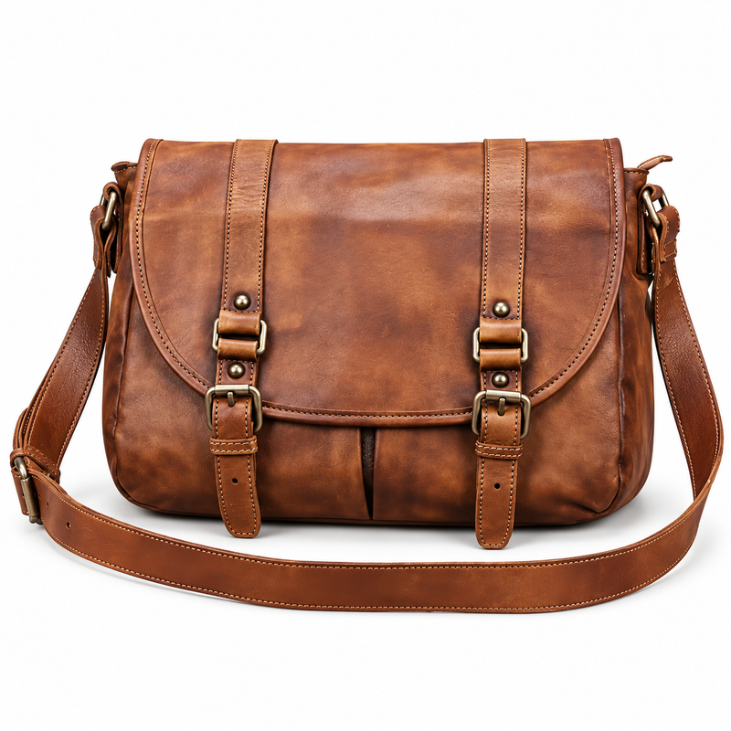 Vintage Brown Leather Double Buckle Satchel-4