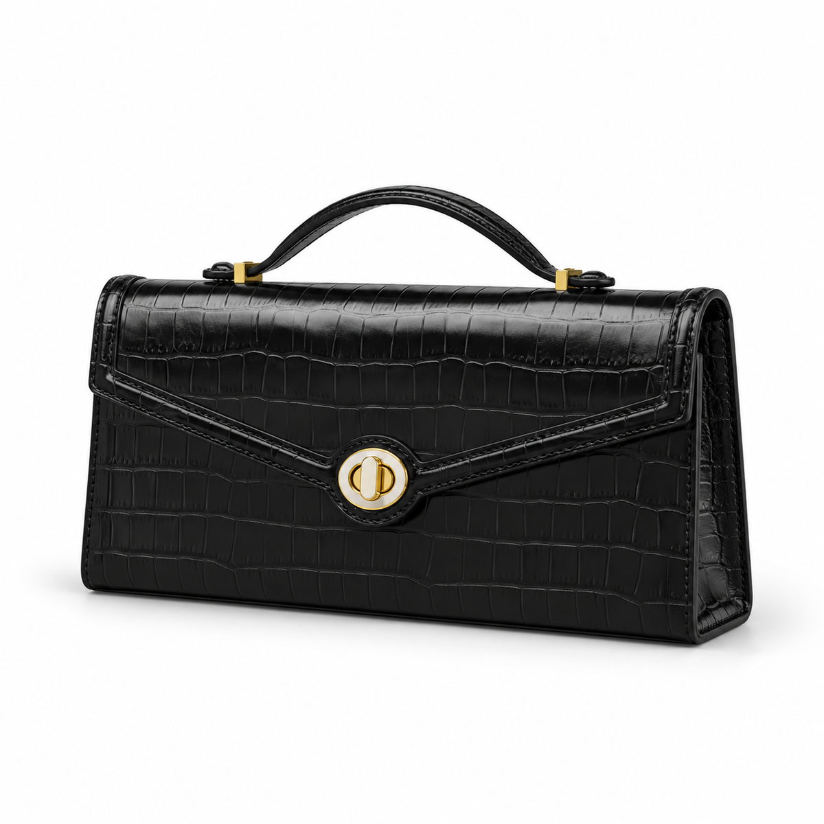 Black Crocodile Embossed Top Handle Clutch Bag-3