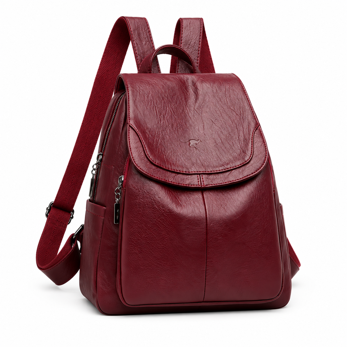 Burgundy Textured Flap Backpack With Pockets-1