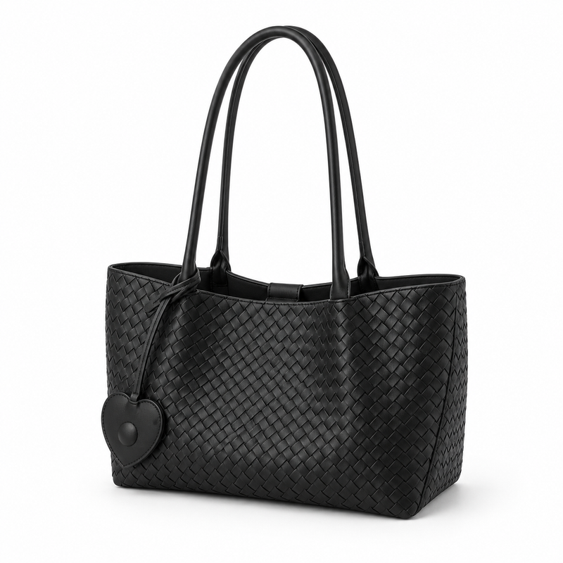 Elegant Black Woven Shoulder Tote Bag-2