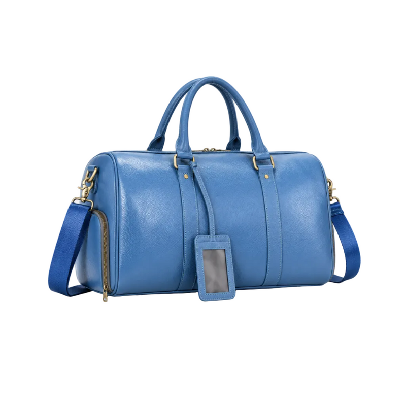 Blue Leather Duffel Bag With Strap-1