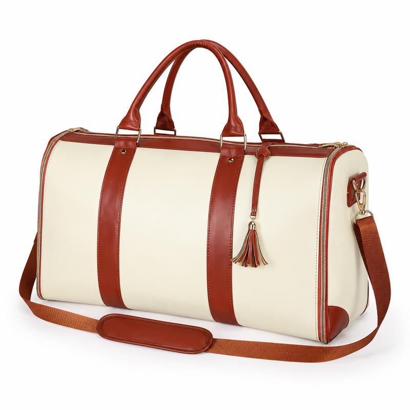 Ivory Brown Trim Overnight Travel Bag-3