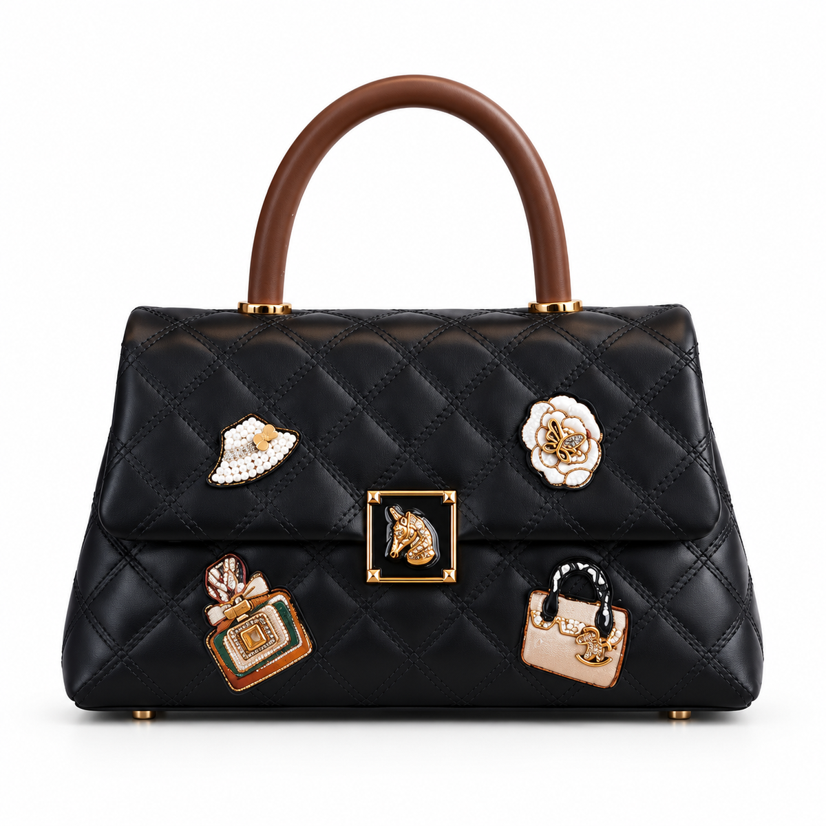 Black Quilted Leather Satchel With Embellishments-4