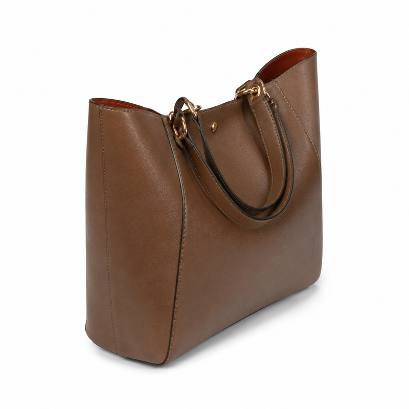 Elegant Brown Structured Tote Handbag with Double Handles and Gold-Tone Hardware-3