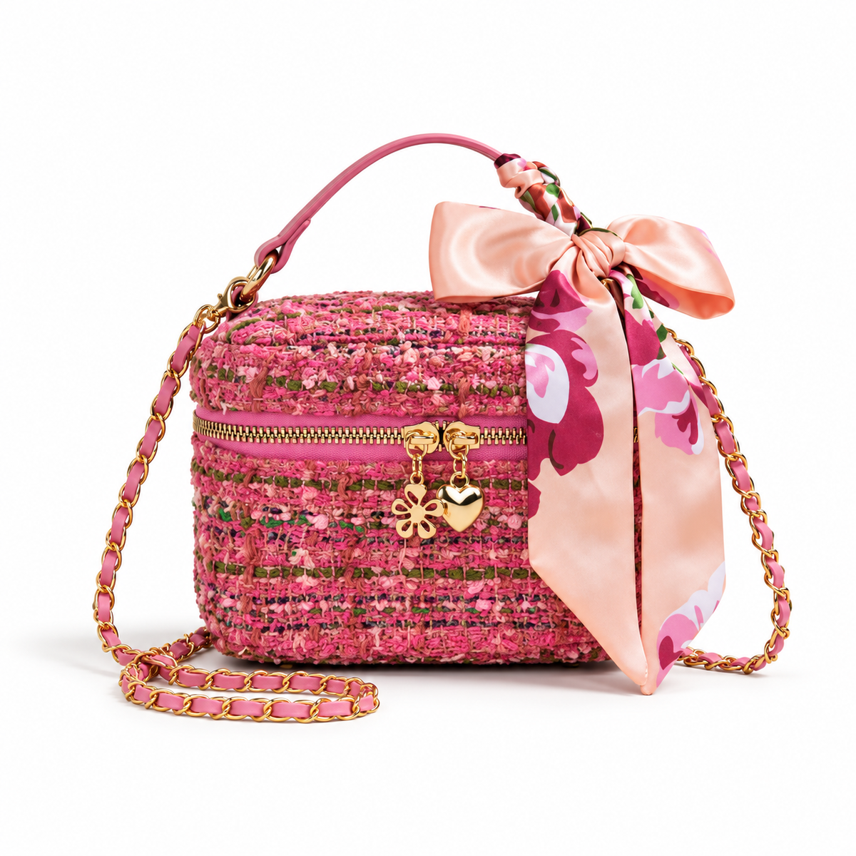 Pink Tweed Crossbody Bag With Bow-4