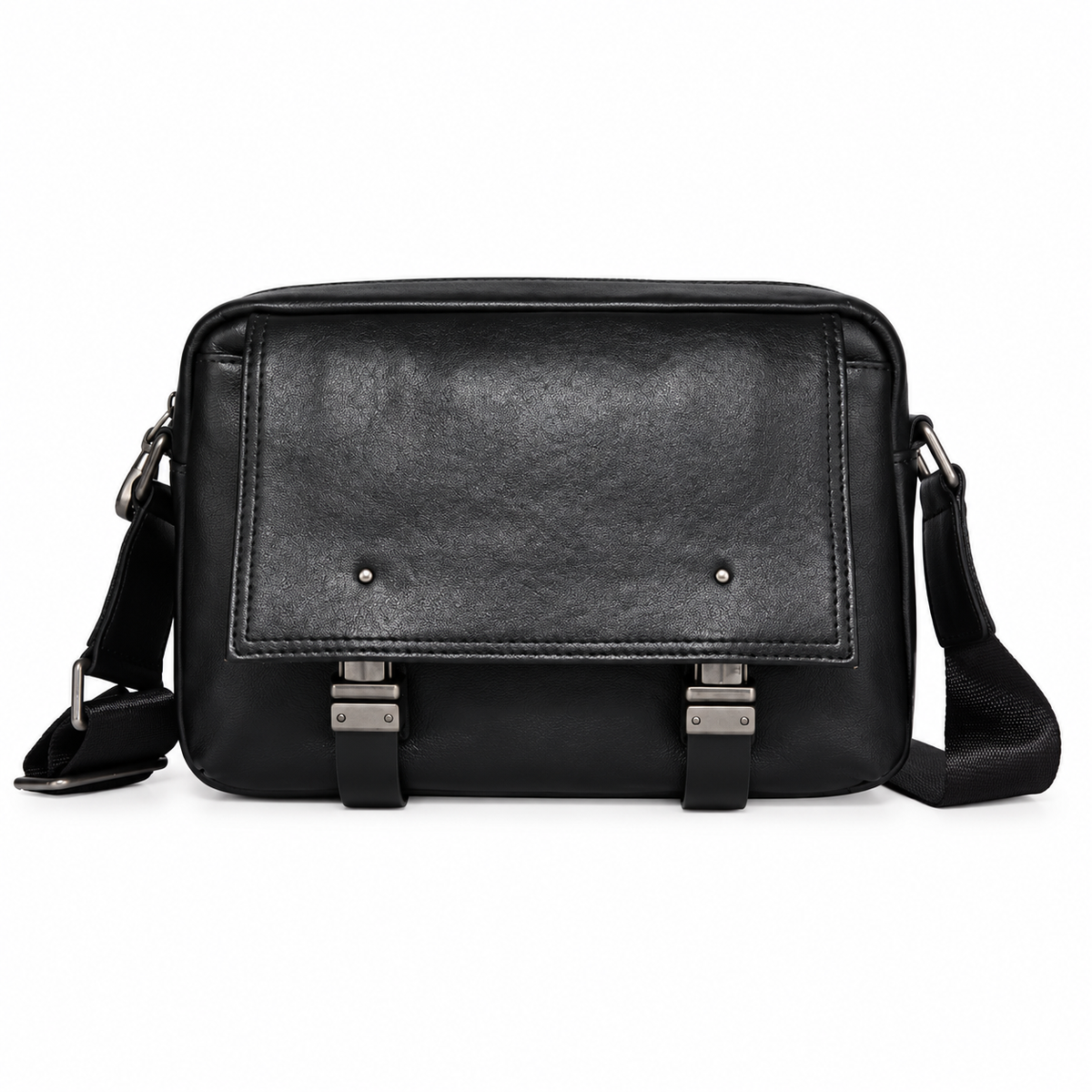 Classic Black Leather Messenger Shoulder Bag-3