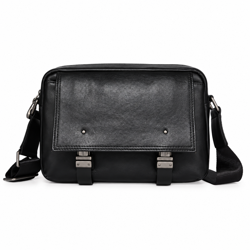 Classic Black Leather Messenger Shoulder Bag-3