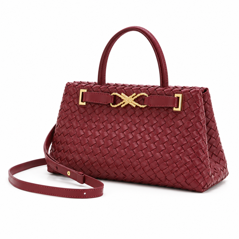 Elegant Burgundy Woven Top Handle Handbag-3