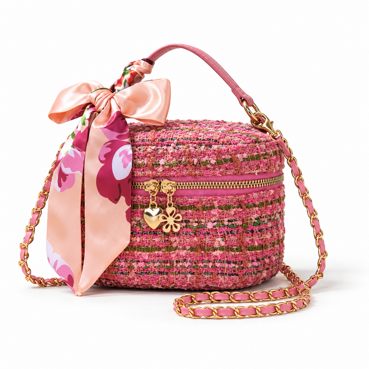 Pink Tweed Crossbody Bag With Bow-3