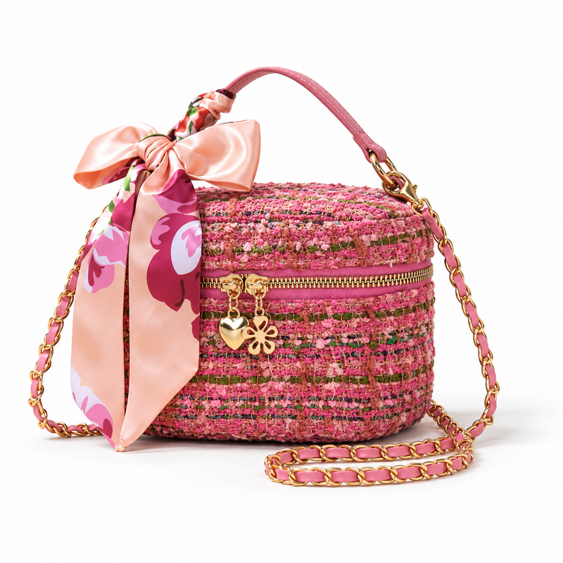 Pink Tweed Crossbody Bag With Bow-3
