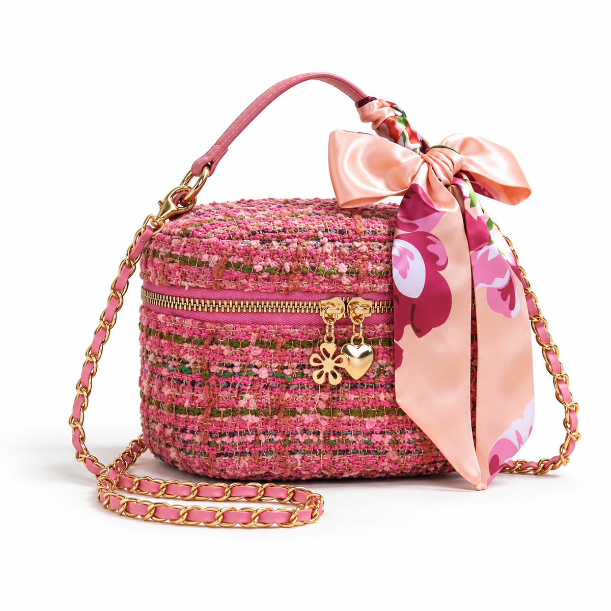 Pink Tweed Crossbody Bag With Bow