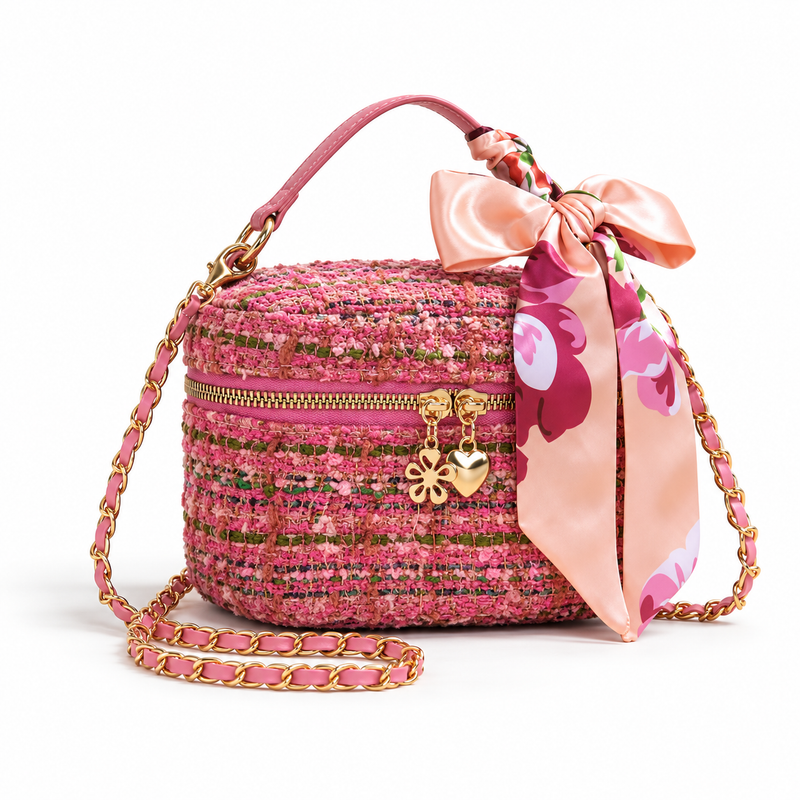 Pink Tweed Crossbody Bag With Bow-1
