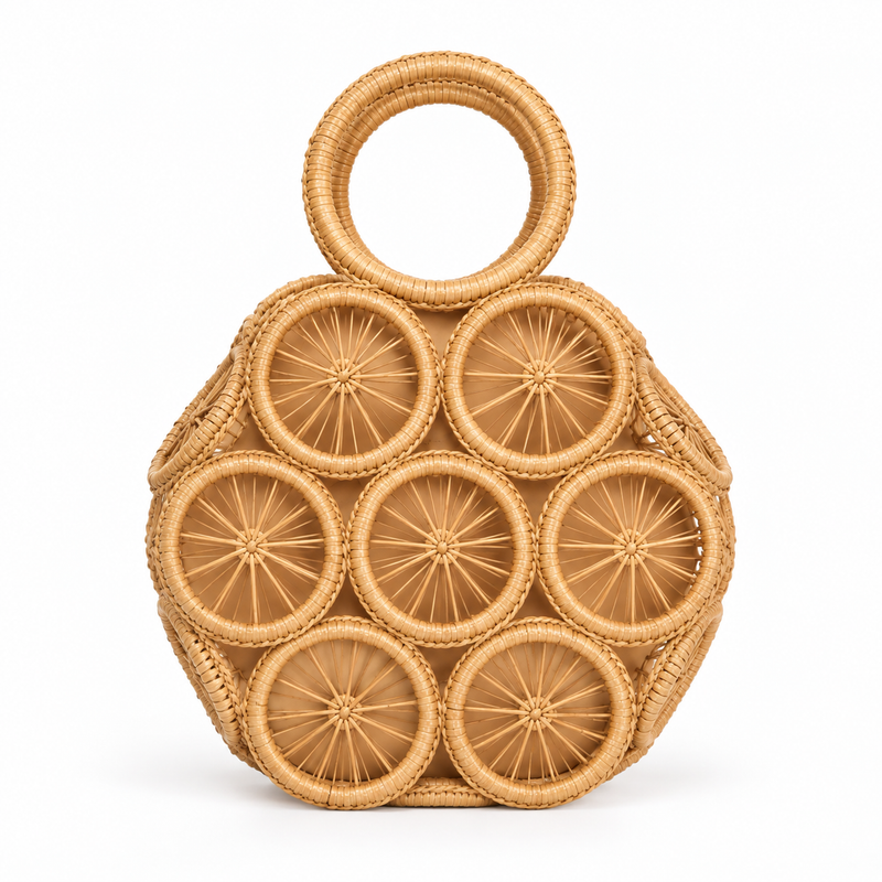 Handwoven Circular Rattan Statement Carry Bag-2