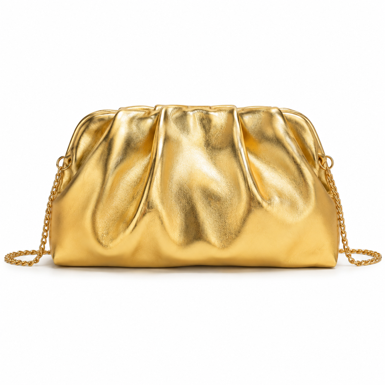 Title: Metallic Gold Ruched Clutch Bag with Chain Strap-1