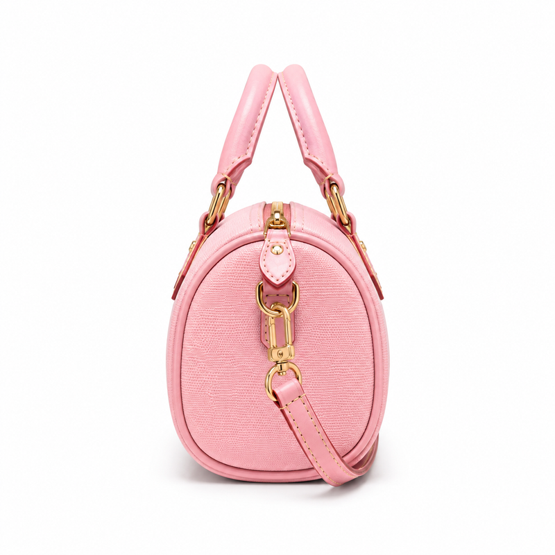 Pastel Pink Textured Mini Boston Handbag with Detachable Shoulder Strap-2