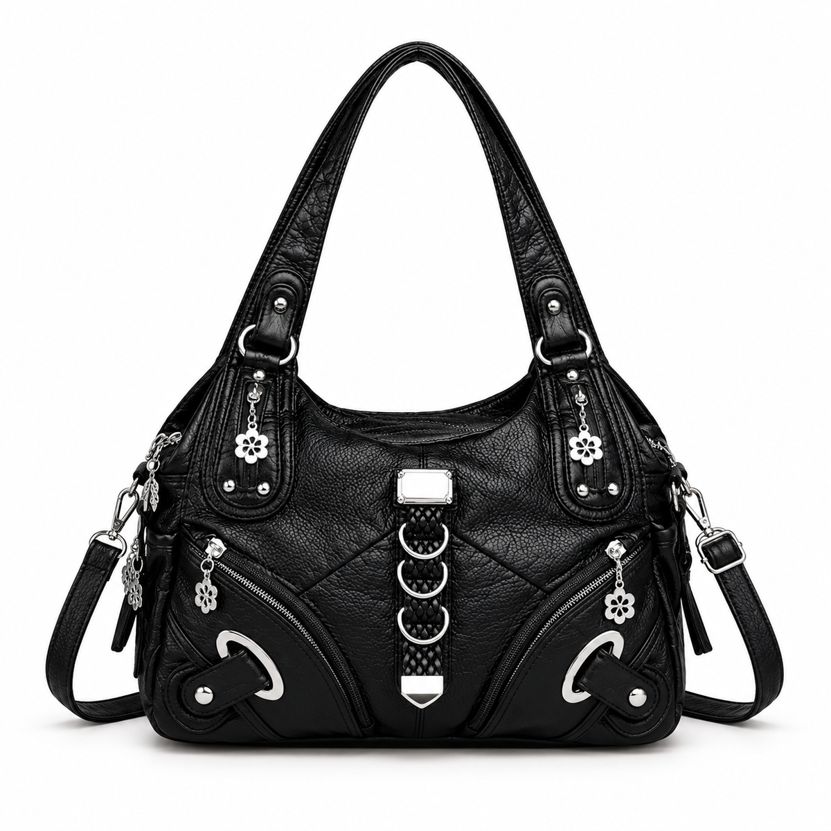 Black Crossbody Bag With Silver Accents-4