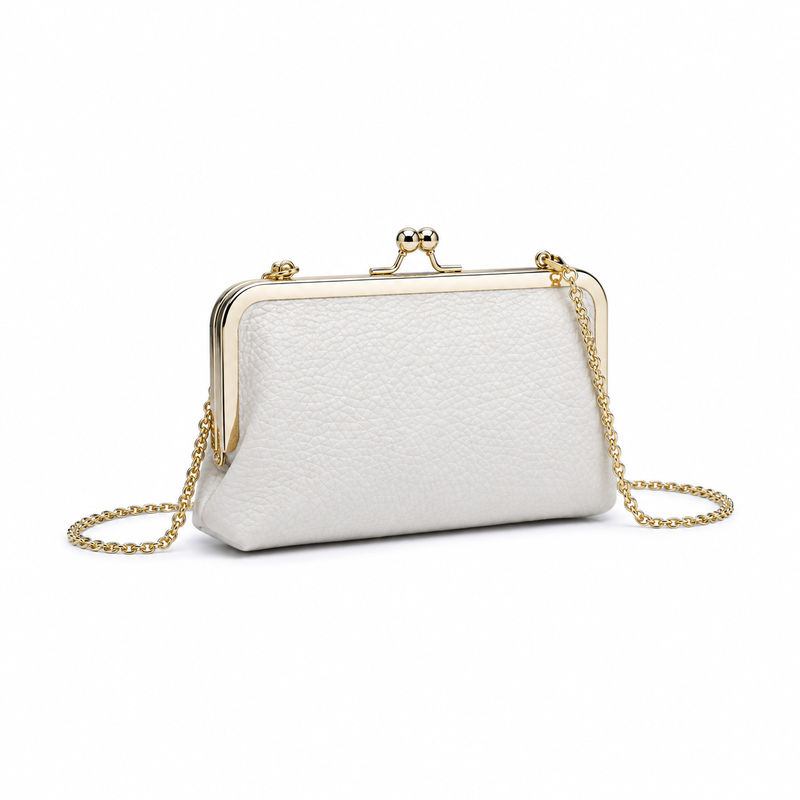 Ivory Pebbled Clutch Bag with Gold Chain-1