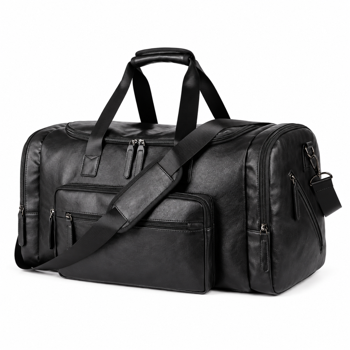 Classic Black Leather Travel Duffel Bag-3