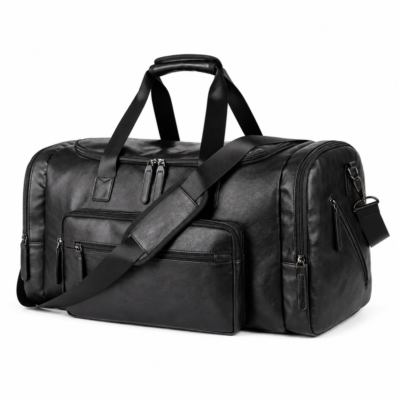 Classic Black Leather Travel Duffel Bag-3