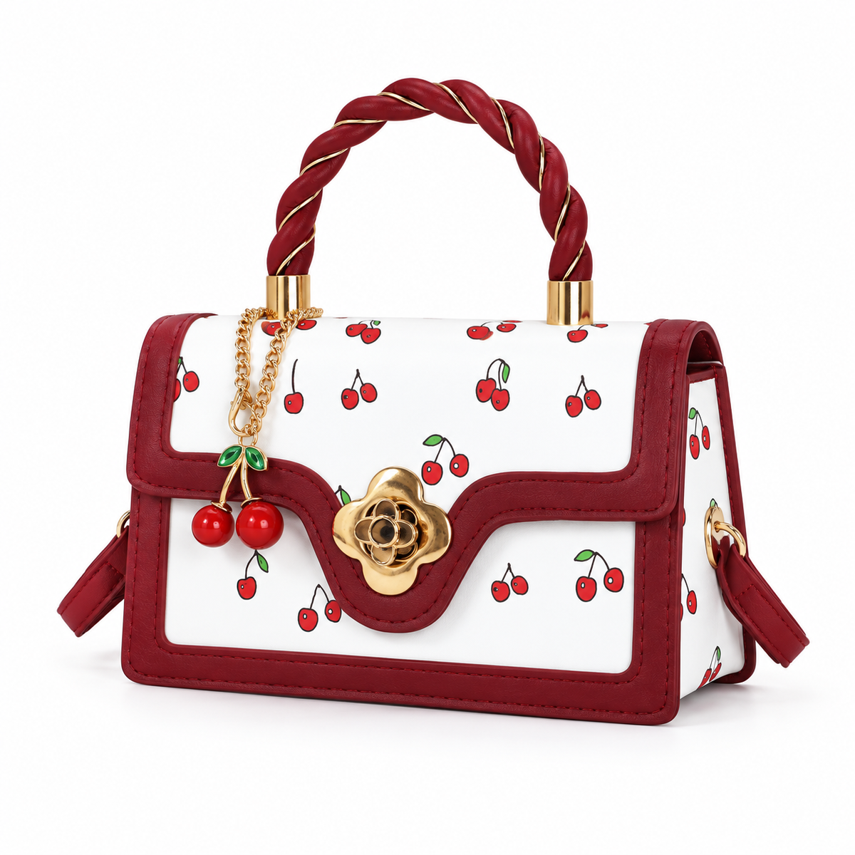 Cherry Print Handbag With Twisted Handle-3