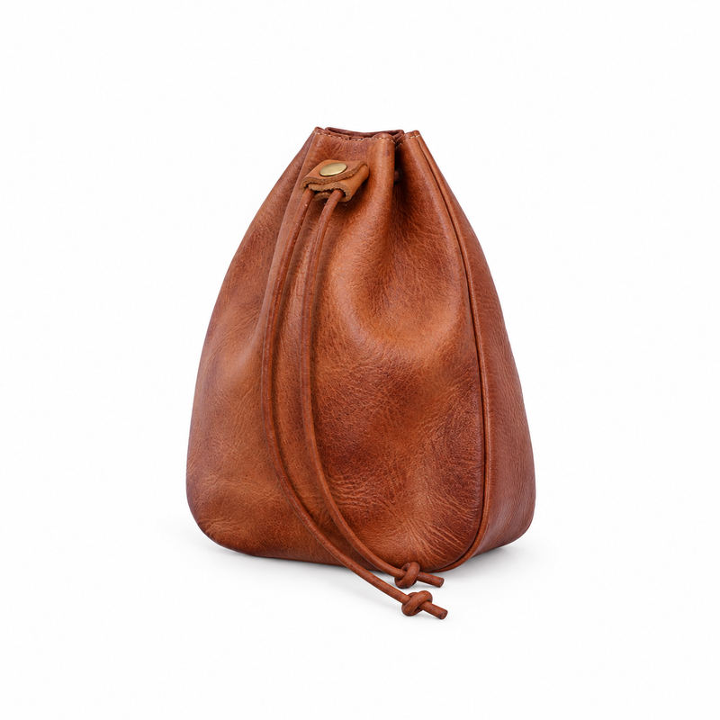 Vintage Brown Vegan Leather Drawstring Bag-4
