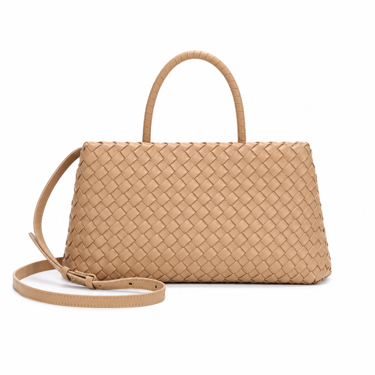 Elegant Camel Woven Top Handle Handbag