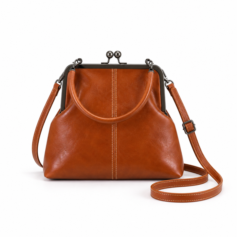 Vintage Brown Kiss Lock Shoulder Handbag-4