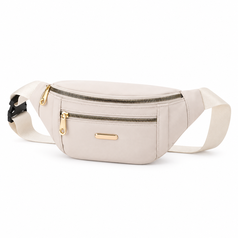Elegant Cream Waist Bag With Zippers-4