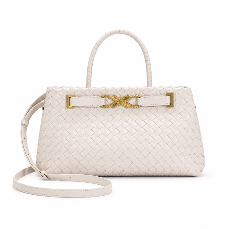 Elegant Ivory Woven Handbag Gold Accents-3