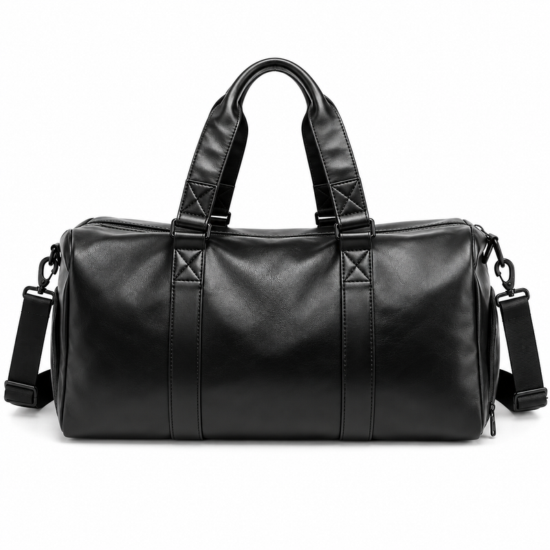 Classic Black Leather Travel Duffel Bag-2