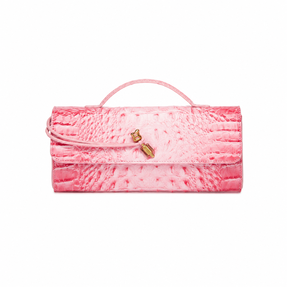 Luxury Pink Crocodile Embossed Top Handle Clutch Bag-4
