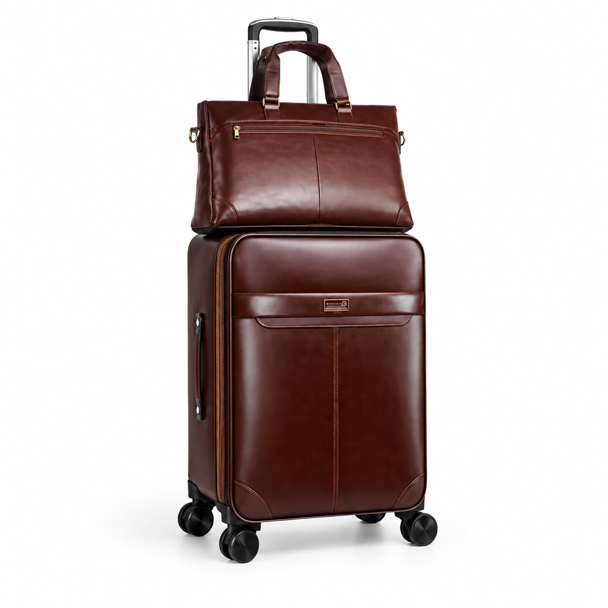 Coffee Brown Leather Trolley Luggage With Tote
