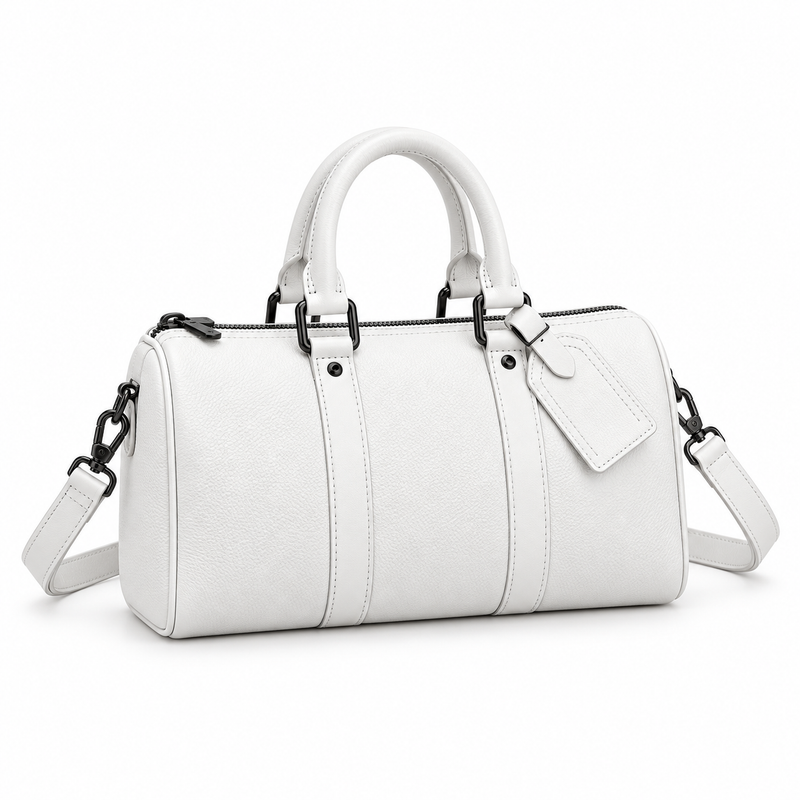 White Textured Barrel Handbag With Strap-1