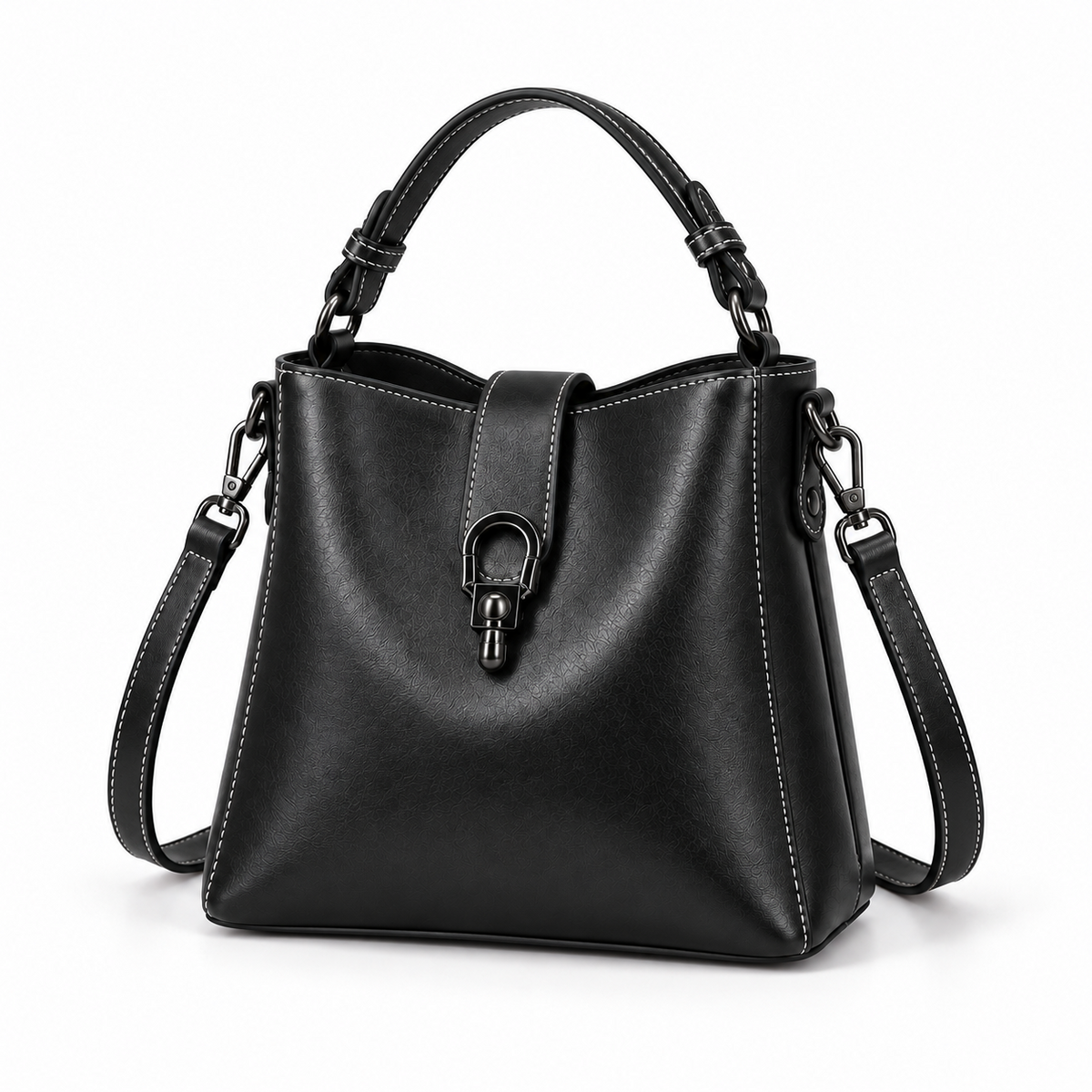 Black Structured Leather Crossbody Handbag Purse-3
