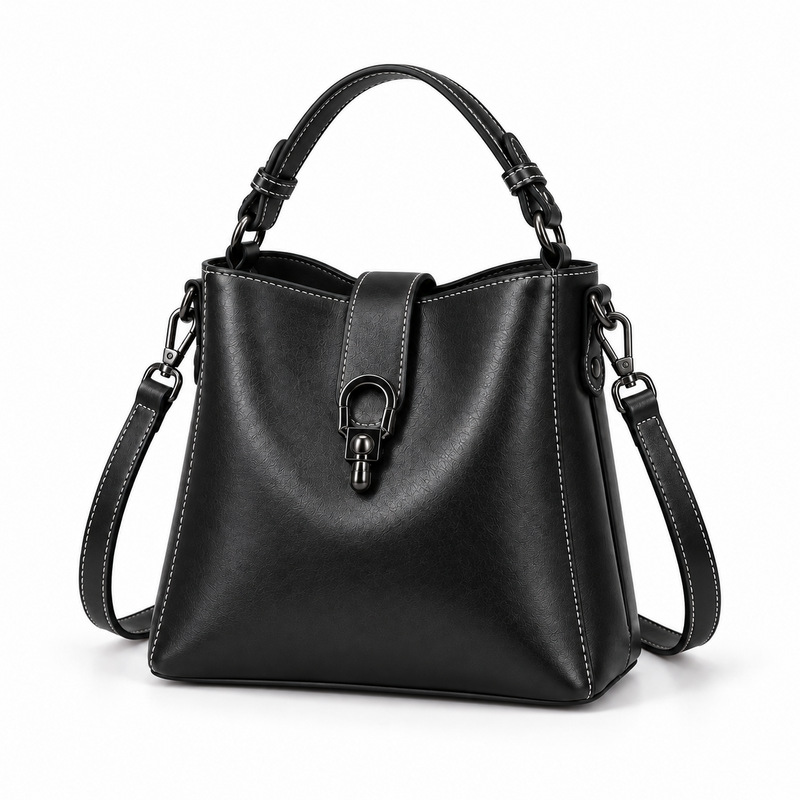 Black Structured Leather Crossbody Handbag Purse-3