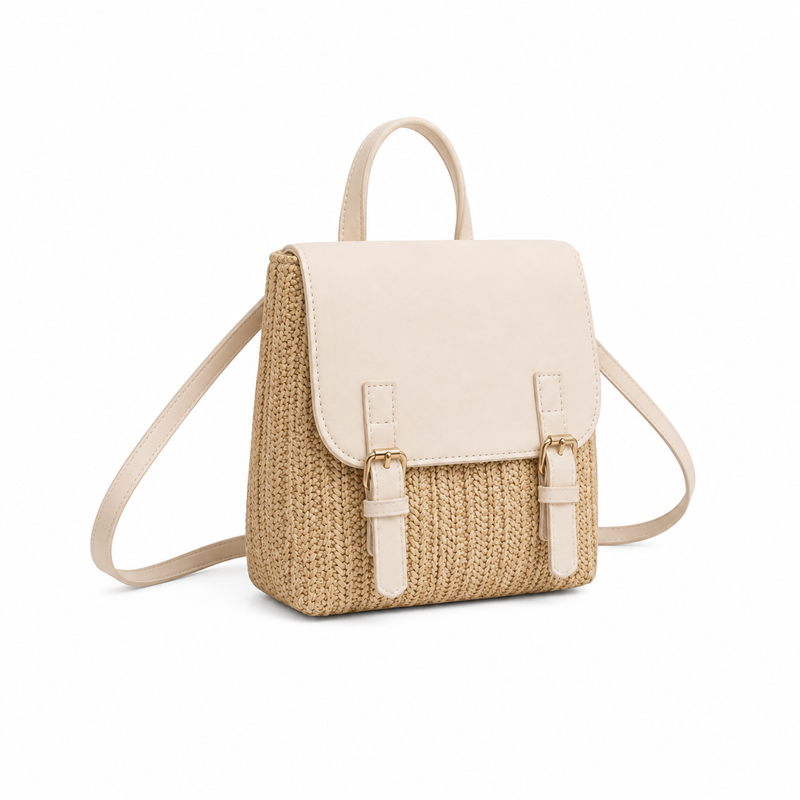 Beige Woven Straw Mini Backpack Handbag-3