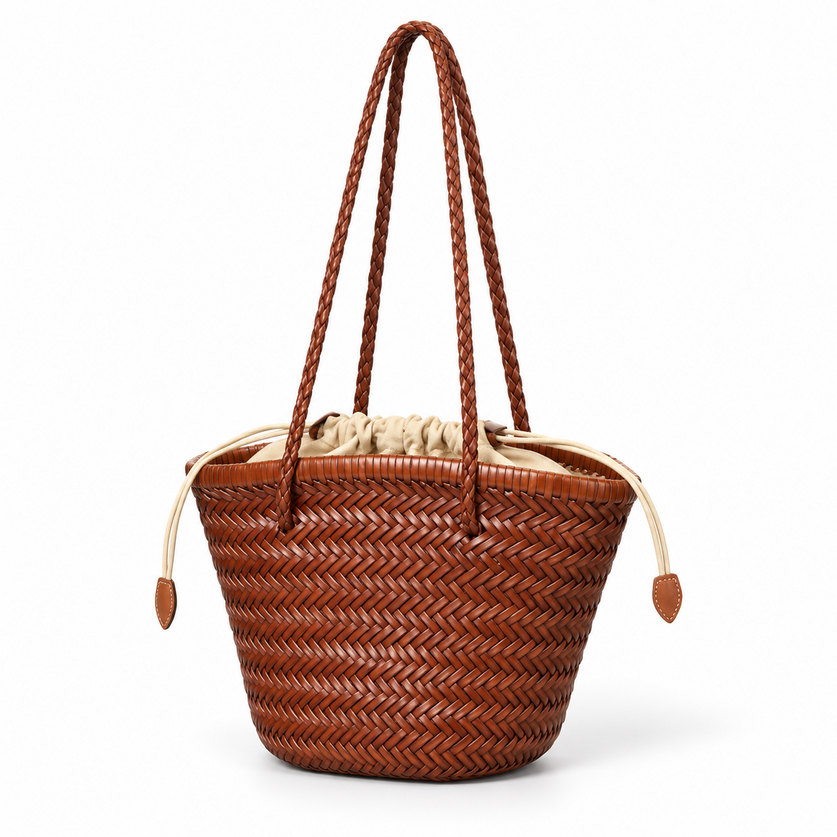 Brown Woven Tote With Braided Handles-3