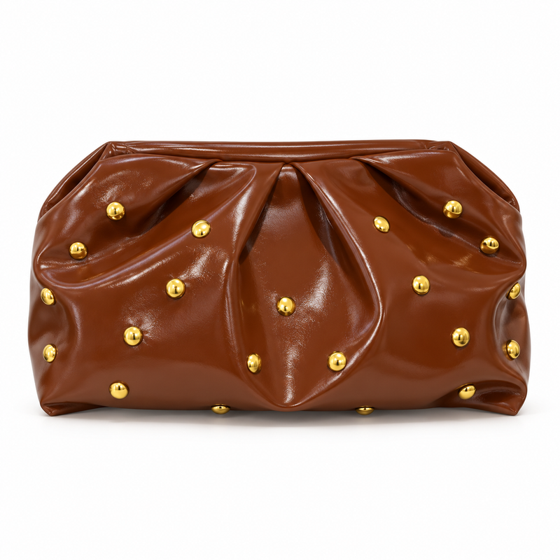 Brown Studded Leather Evening Clutch Bag-2