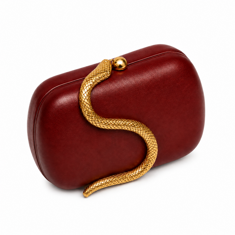 Burgundy Elegant Leather Snake Chain Clutch-1