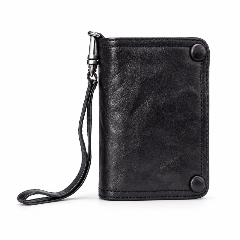 Classic Black Leather Wallet With Wristlet-1