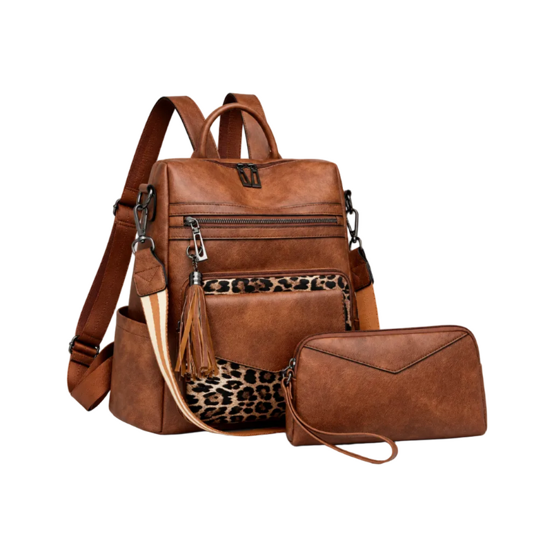 Brown Leopard Accent Backpack Pouch Set-1