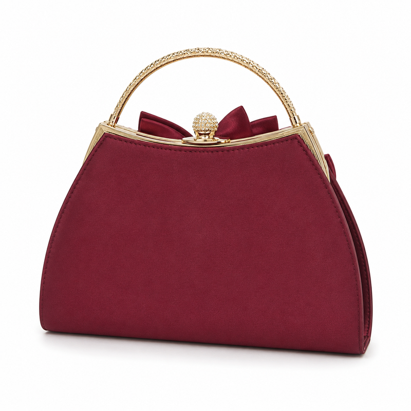 Burgundy Floral Evening Handbag with Gold Handle and Pearl Embellishment-3