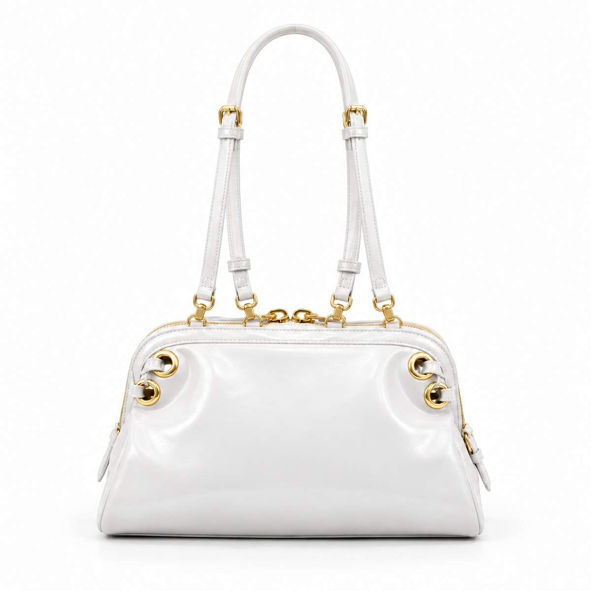 Elegant White Glossy Gold Hardware Handbag-4