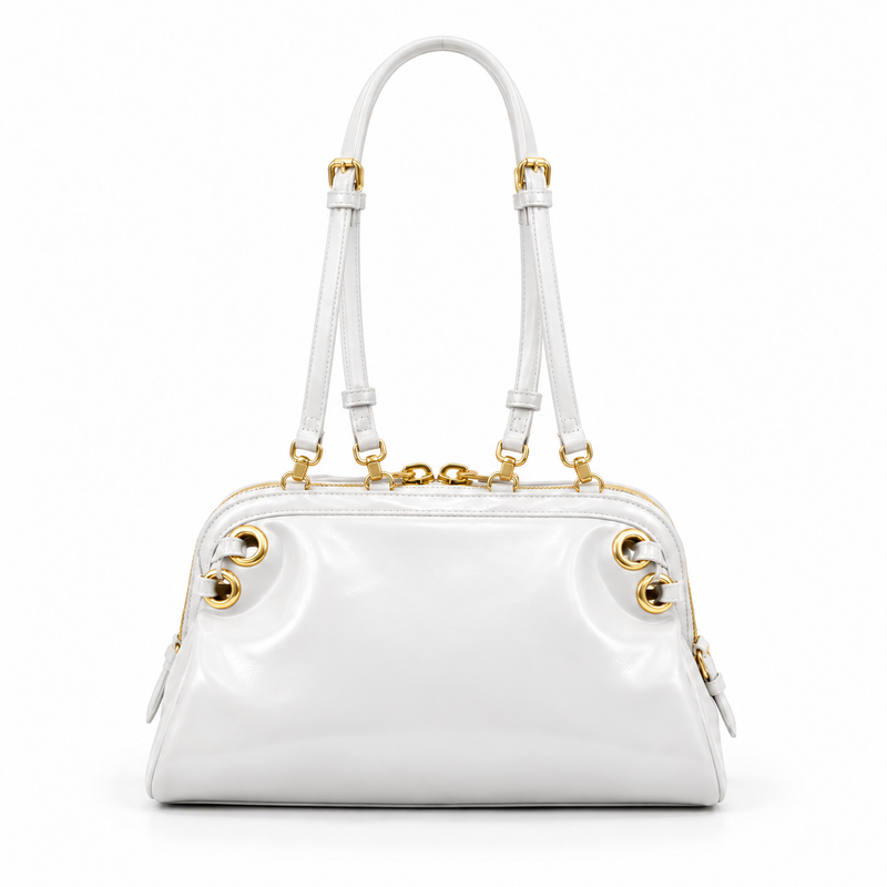 Elegant White Glossy Gold Hardware Handbag-4