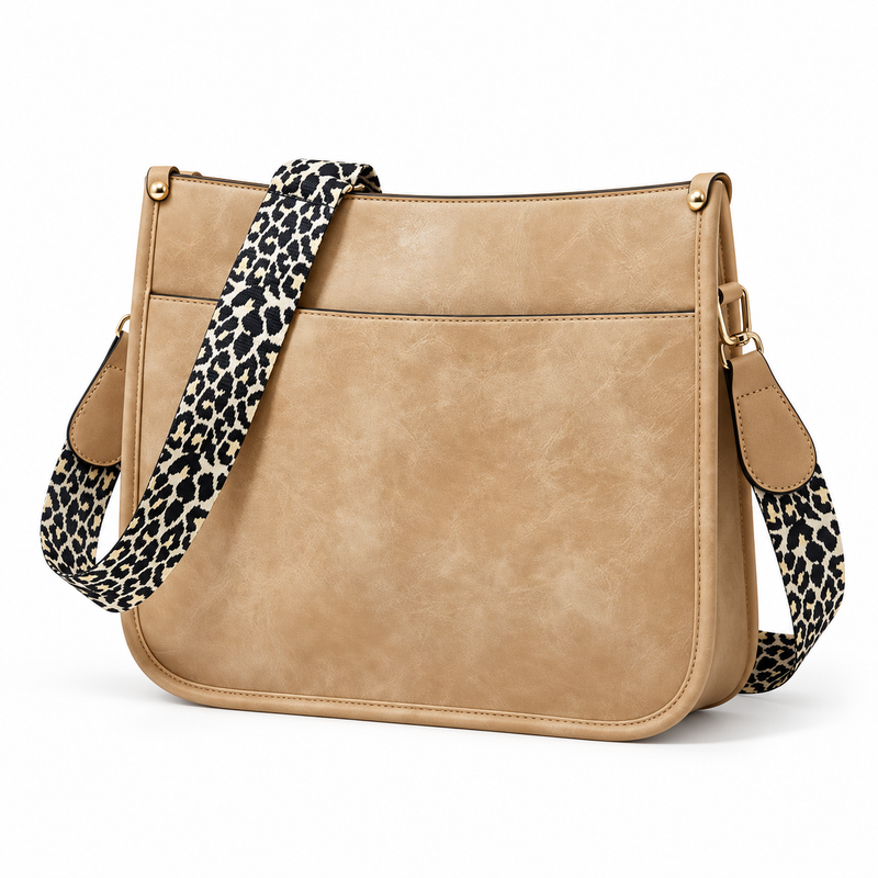 Tan Crossbody Bag With Leopard Strap-3