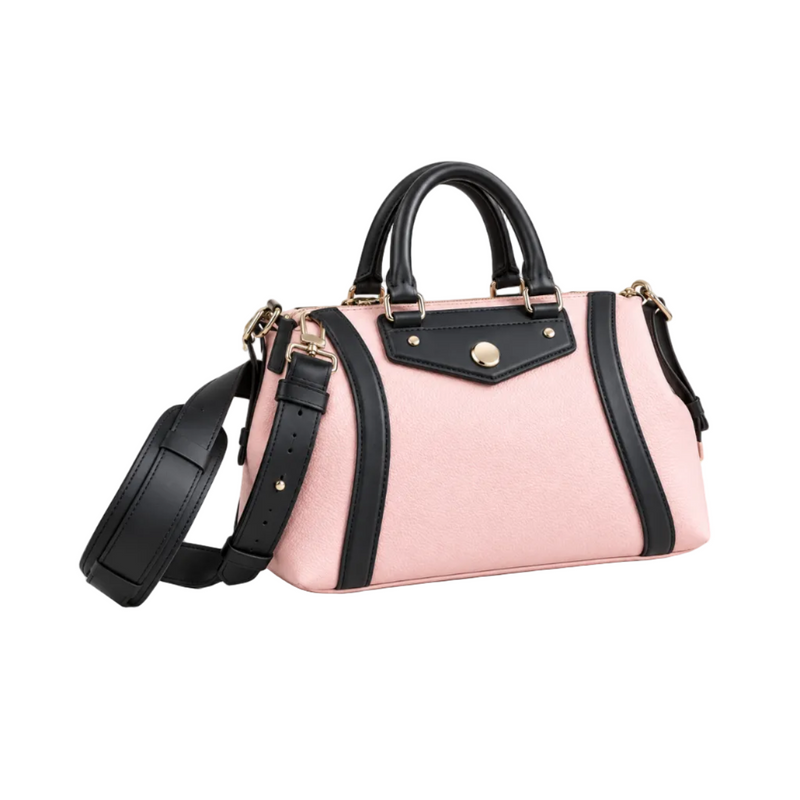 Pink Textured Handbag With Black Trim-1